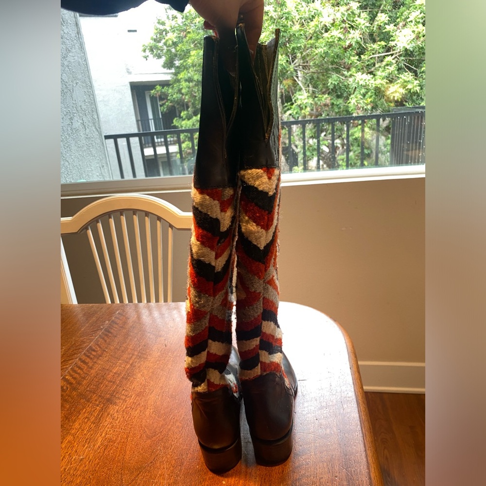 Knee-High Patterned Wool & Leather Riding Boots - Multicolor - Picture 3 of 7